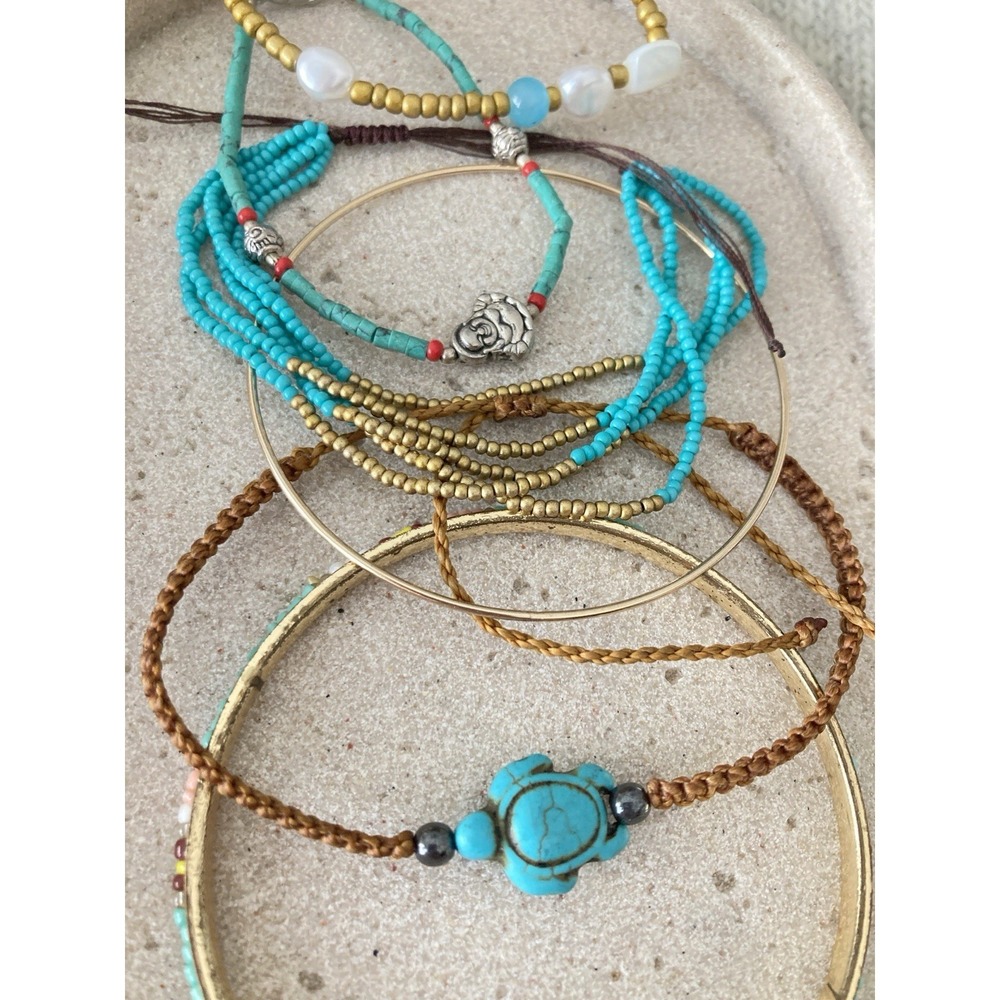Mixed Bohemian Bracelets Set Of 5 Teal Blue Beaded Bangle Cord Stacking Layering - Picture 3 of 7